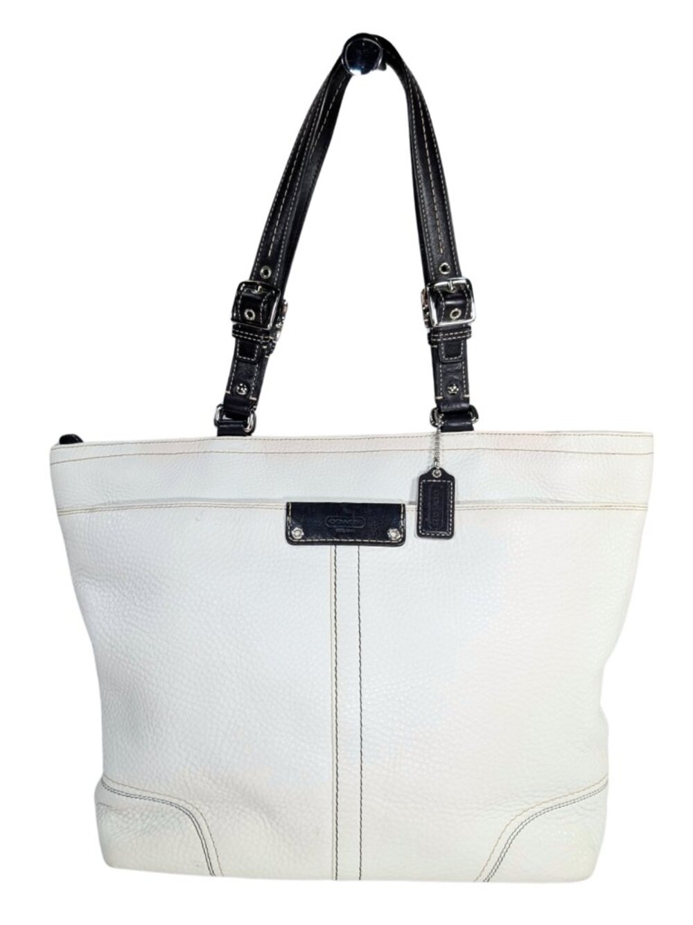 Coach Hamilton White Black Leather Large Vintage Y2K Zip Tote F138083